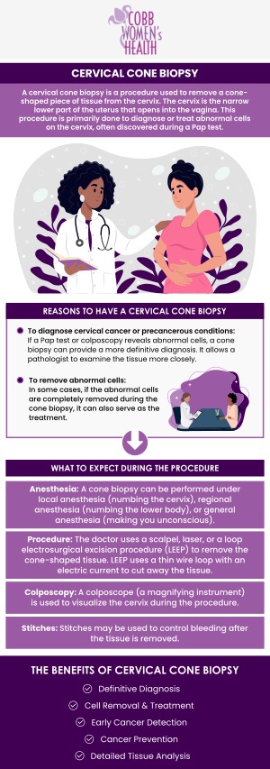 A cervical cone biopsy is a procedure that removes a cone-shaped tissue sample from the cervix for further examination. It is commonly performed when abnormal cells are detected during a Pap smear or colposcopy to help diagnose and treat precancerous changes. At Cobb Women’s Health, our skilled, board-certified gynecologists are here to provide this procedure with expertise and care, ensuring your comfort and optimal results. For more information contact us today or book an appointment online. We are conveniently located at 1810 Mulkey Rd SW #102, Austell, GA 30106. A cervical cone biopsy is a procedure that removes a cone-shaped tissue sample from the cervix for further examination. It is commonly performed when abnormal cells are detected during a Pap smear or colposcopy to help diagnose and treat precancerous changes. At Cobb Women’s Health, our skilled, board-certified gynecologists are here to provide this procedure with expertise and care, ensuring your comfort and optimal results. For more information contact us today or book an appointment online. We are conveniently located at 1810 Mulkey Rd SW #102, Austell, GA 30106.