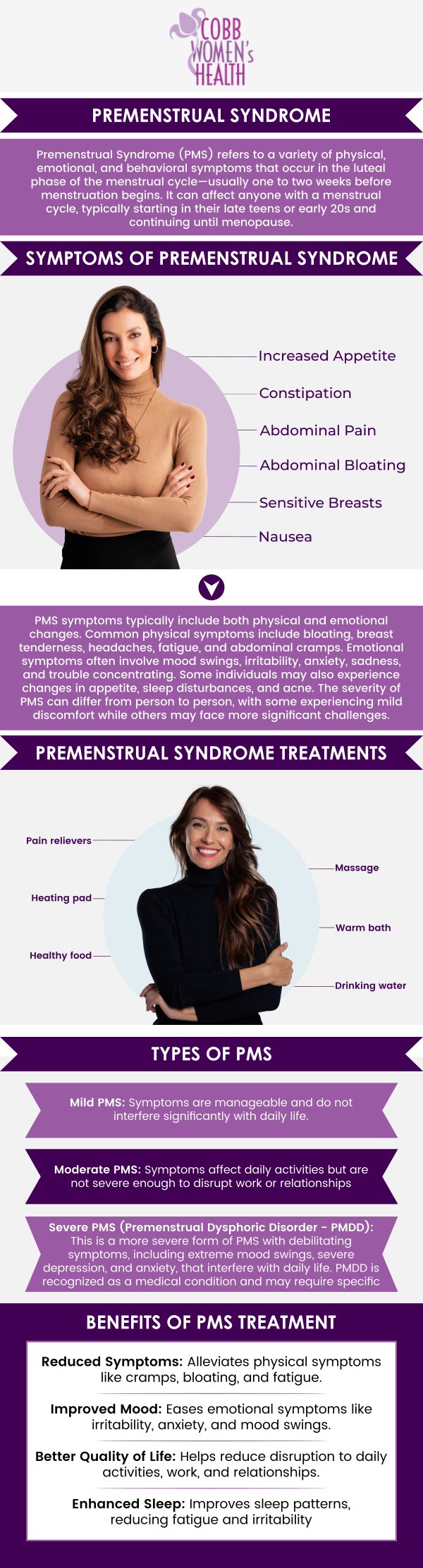 Premenstrual syndrome (PMS) refers to a variety of physical and emotional symptoms that occur before menstruation. Common symptoms include bloating, fatigue, irritability, mood swings, breast tenderness, and changes in appetite. At Cobb Women’s Health, Board-certified gynecologists, Dr. Nandita Mainthia, MD, FACOG, and Dr. Hitendra Hansalia, MD, FACOG, offer personalized care and advice to help manage PMS symptoms through lifestyle adjustments and, when necessary, treatment options tailored to your specific needs. For more information, contact us today or request an appointment online. We are conveniently located at 1810 Mulkey Rd SW Suite 102, Austell, GA 30106. Premenstrual syndrome (PMS) refers to a variety of physical and emotional symptoms that occur before menstruation. Common symptoms include bloating, fatigue, irritability, mood swings, breast tenderness, and changes in appetite. At Cobb Women’s Health, Board-certified gynecologists, Dr. Nandita Mainthia, MD, FACOG, and Dr. Hitendra Hansalia, MD, FACOG, offer personalized care and advice to help manage PMS symptoms through lifestyle adjustments and, when necessary, treatment options tailored to your specific needs. For more information, contact us today or request an appointment online. We are conveniently located at 1810 Mulkey Rd SW Suite 102, Austell, GA 30106.