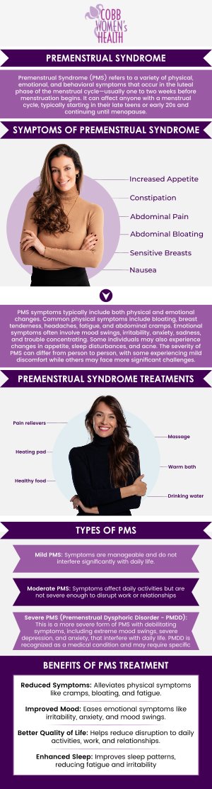 Premenstrual syndrome (PMS) refers to a variety of physical and emotional symptoms that occur before menstruation. Common symptoms include bloating, fatigue, irritability, mood swings, breast tenderness, and changes in appetite. At Cobb Women’s Health, Board-certified gynecologists, Dr. Nandita Mainthia, MD, FACOG, and Dr. Hitendra Hansalia, MD, FACOG, offer personalized care and advice to help manage PMS symptoms through lifestyle adjustments and, when necessary, treatment options tailored to your specific needs. For more information, contact us today or request an appointment online. We are conveniently located at 1810 Mulkey Rd SW Suite 102, Austell, GA 30106. Premenstrual syndrome (PMS) refers to a variety of physical and emotional symptoms that occur before menstruation. Common symptoms include bloating, fatigue, irritability, mood swings, breast tenderness, and changes in appetite. At Cobb Women’s Health, Board-certified gynecologists, Dr. Nandita Mainthia, MD, FACOG, and Dr. Hitendra Hansalia, MD, FACOG, offer personalized care and advice to help manage PMS symptoms through lifestyle adjustments and, when necessary, treatment options tailored to your specific needs. For more information, contact us today or request an appointment online. We are conveniently located at 1810 Mulkey Rd SW Suite 102, Austell, GA 30106.