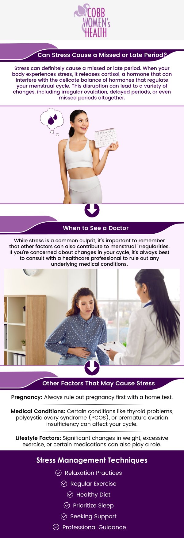 A late period can be a sign of various health conditions, ranging from stress and lifestyle changes to more serious concerns like hormonal imbalances or reproductive disorders. At Cobb Women’s Health, our board-certified gynecologists, Dr. Nandita Mainthia, M.D, F.A.C.O.G, and Dr. Hitendra Hansalia, M.D, F.A.C.O.G, specialize in diagnosing the causes behind irregular or late periods. We provide personalized care to help identify the root cause and offer appropriate treatment options to restore your menstrual health. For more information contact us today or request an appointment online. We are conveniently located at 1810 Mulkey Rd SW Suite 102, Austell, GA 30106. A late period can be a sign of various health conditions, ranging from stress and lifestyle changes to more serious concerns like hormonal imbalances or reproductive disorders. At Cobb Women’s Health, our board-certified gynecologists, Dr. Nandita Mainthia, M.D, F.A.C.O.G, and Dr. Hitendra Hansalia, M.D, F.A.C.O.G, specialize in diagnosing the causes behind irregular or late periods. We provide personalized care to help identify the root cause and offer appropriate treatment options to restore your menstrual health. For more information contact us today or request an appointment online. We are conveniently located at 1810 Mulkey Rd SW Suite 102, Austell, GA 30106.