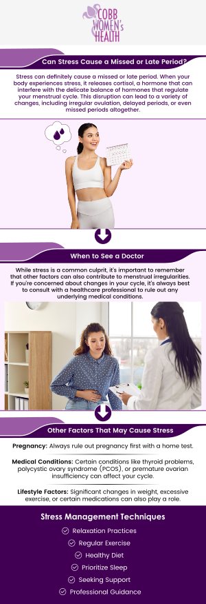 A late period can be a sign of various health conditions, ranging from stress and lifestyle changes to more serious concerns like hormonal imbalances or reproductive disorders. At Cobb Women’s Health, our board-certified gynecologists, Dr. Nandita Mainthia, M.D, F.A.C.O.G, and Dr. Hitendra Hansalia, M.D, F.A.C.O.G, specialize in diagnosing the causes behind irregular or late periods. We provide personalized care to help identify the root cause and offer appropriate treatment options to restore your menstrual health. For more information contact us today or request an appointment online. We are conveniently located at 1810 Mulkey Rd SW Suite 102, Austell, GA 30106. A late period can be a sign of various health conditions, ranging from stress and lifestyle changes to more serious concerns like hormonal imbalances or reproductive disorders. At Cobb Women’s Health, our board-certified gynecologists, Dr. Nandita Mainthia, M.D, F.A.C.O.G, and Dr. Hitendra Hansalia, M.D, F.A.C.O.G, specialize in diagnosing the causes behind irregular or late periods. We provide personalized care to help identify the root cause and offer appropriate treatment options to restore your menstrual health. For more information contact us today or request an appointment online. We are conveniently located at 1810 Mulkey Rd SW Suite 102, Austell, GA 30106.