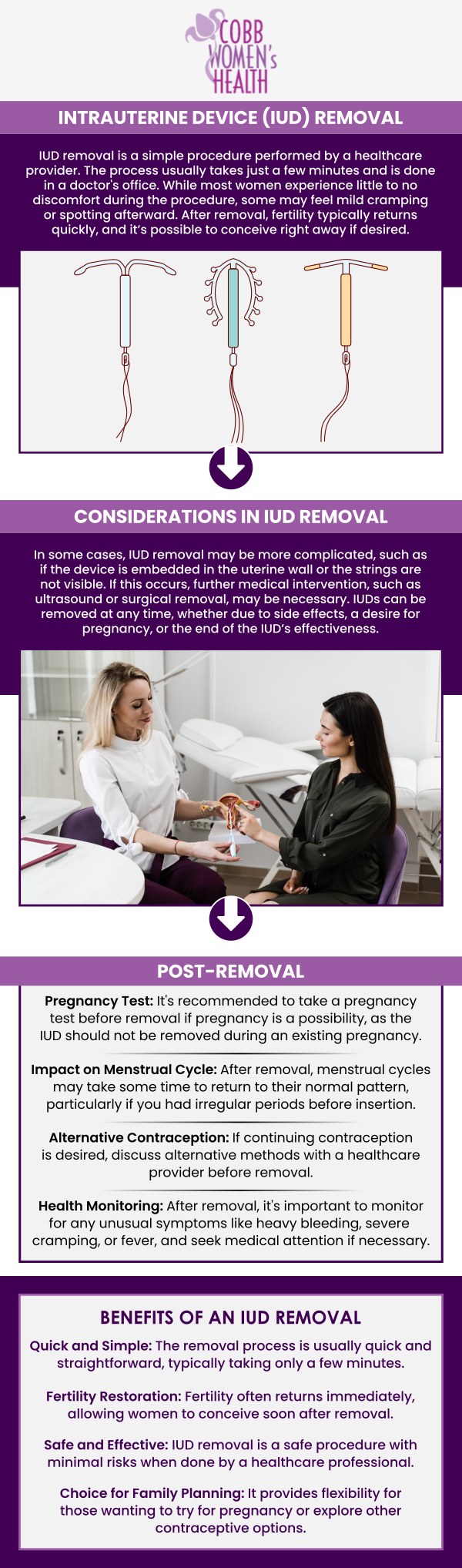 During an IUD removal appointment at Cobb Women’s Health in Austell, GA, Board-Certified Dr. Nandita Mainthia, and Dr. Hitendra Hansalia will guide you through the process with care and professionalism. The procedure is typically quick and involves gently removing the IUD through the cervix. You may experience some discomfort or cramping, but it is usually brief. Afterward, the doctors will discuss any next steps for contraception or reproductive health based on your needs. For more information, contact us today or request an appointment online. We are conveniently located at 1810 Mulkey Rd SW Suite 102, Austell, GA 30106. During an IUD removal appointment at Cobb Women’s Health in Austell, GA, Board-Certified Dr. Nandita Mainthia, and Dr. Hitendra Hansalia will guide you through the process with care and professionalism. The procedure is typically quick and involves gently removing the IUD through the cervix. You may experience some discomfort or cramping, but it is usually brief. Afterward, the doctors will discuss any next steps for contraception or reproductive health based on your needs. For more information, contact us today or request an appointment online. We are conveniently located at 1810 Mulkey Rd SW Suite 102, Austell, GA 30106.